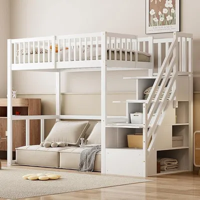 Produktbild von Hochbett 90 x 200 cm, Multifunktionales Kinderbett mit Stauraum Treppe, Weiß (Ohne Matratze)