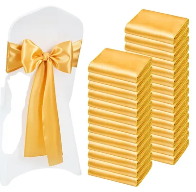 Productafbeelding van VEVOR satijnen stoelversieringen met strikken (275x17 cm), 30 stuks. Stoelbanden om te binden, stoelbanden voor bruiloften, feesten, banketten, decoraties, evenementen, stoelhoezen voor banketten, stoelstrikken, goud