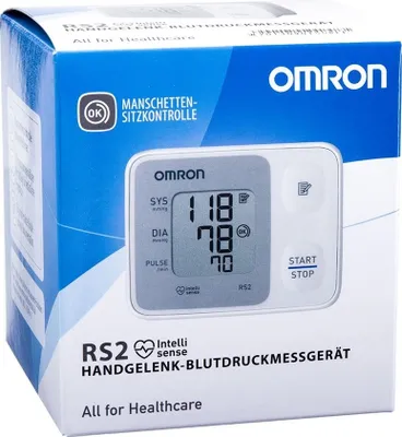 The image shows the retail packaging of an Omron RS2 Wrist Blood Pressure Monitor.