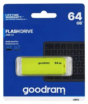 Zdjęcie produktu dla Goodram UME2, 64 GB, USB Typu-A, 2.0, 20 MB/s, Pokrywka, Żółty