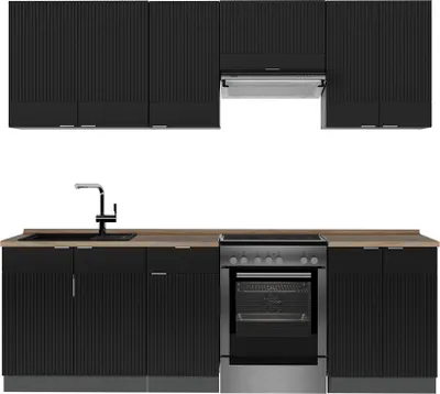 Produktbild von Küchenzeile Vicco Fame-Line Schwarz gestreift/Anthrazit 240 cm , AP Eiche, Model 51011
