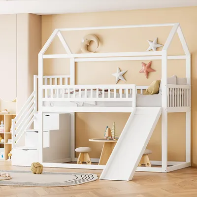 A child's bedroom with a white house-shaped bunk bed featuring a slide and stairs.