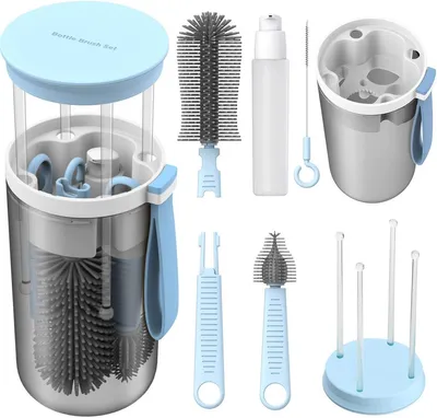Produktbild von Minicee 6-in-1 Baby Flaschenbürsten Set mit Trockenständer & Seifenspender – -frei Flaschenreiniger Set für Babyflaschen