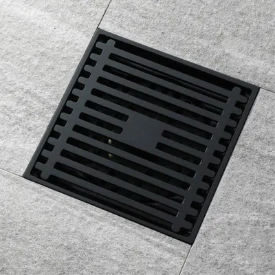 Produktbild von Duschablauf, Bodenablauf aus schwarzem Messing, quadratischer Duschbodenablauf mit abnehmbarem Abdeckgitter, Badezimmer-Duschablauf