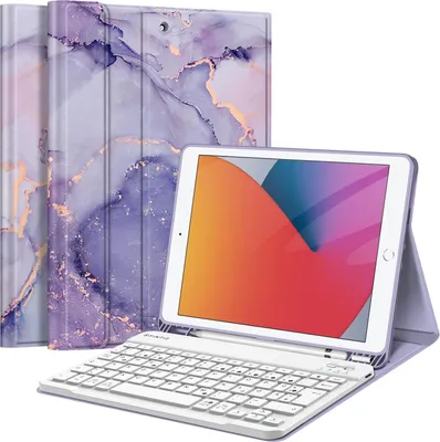 Produktbild von Fintie Tastatur Hülle für iPad 10.2 Zoll (9/8/ 7 Generation - 2021/2020/2019), Schutzhülle mit TPU Rückschale, Pencil Halter und magnetisch abnehmbarer Tastatur mit QWERTZ Layout, Marmor Lila