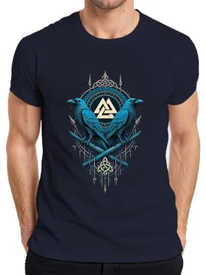Productafbeelding van Odin, Raben, Hugin, Munin, Valknut, Runen, Viking, Krieger, Asgard, Thor, Heren T-shirt, Marineblauw, XL