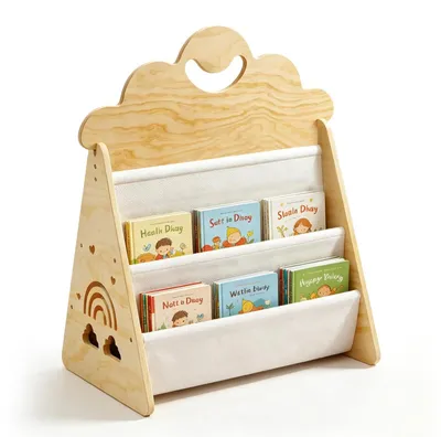 Image de Étagère en bois pour livres pour enfants Montessori, avec sacs de rangement double face
