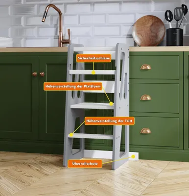 Produktbild von Lernturm ab 1 Jahr mit Anti-Kipp-Schutz – Höhenverstellbarer Montessori Learning Tower aus Massivholz – Bis zu 50kg belastbar – Für Kinder, für Küche, Tisch und Bad – MEBLE WRÓBEL®