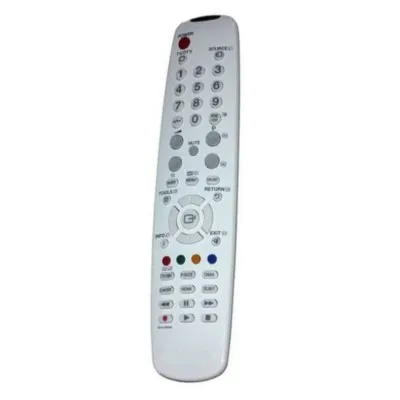 A white remote control is shown against a white background.