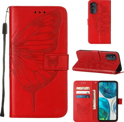 Produktbild von Moto G52 Hülle, Schmetterling Prägung Flip Leder Kartenfächer Schutzhülle Ledertasche mit Ständer für Motorola Moto G52 Rot