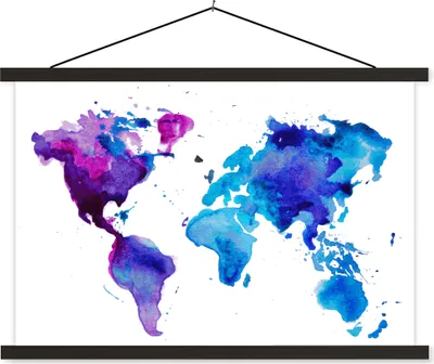 Produktbild von MuchoWow® Textilposter Weltkarte - Aquarell - Lila - Kinder - Jungen - Mädchen 120x80 cm mit schwarzem Rahmen - Wanddeko