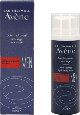 A product shot of Avene Men anti-aging hydrating care cream, showing both the box and the bottle.