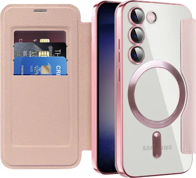 A pink flip case for a Samsung Galaxy S23+ phone, showing the card holder slots and the phone with its camera array and MagSafe ring.