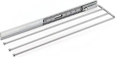 A chrome towel rack with three arms mounted on a sliding mechanism, isolated on a white background.