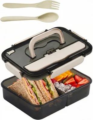 Image de VHV - Boîte à lunch 1500 ml - Boîte repas avec 3 compartiments, couverts et poignée - Adaptée au micro-ondes et au lave-vaisselle - Noire