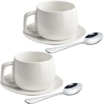 Kaffeetassen-Set 2er, Porzellan, 270 ml, Weiß, mit Untertassen & Löffeln