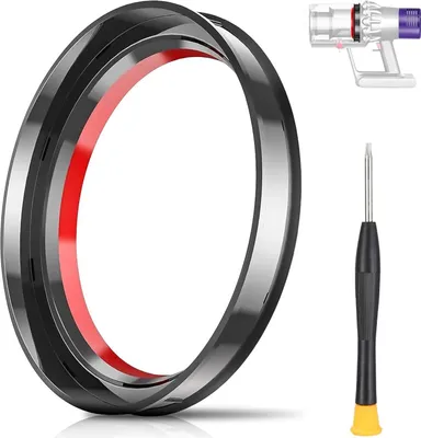 A close-up of a replacement ring for a Dyson V10 vacuum cleaner, along with a T8 screwdriver and a partial image of the vacuum cleaner.