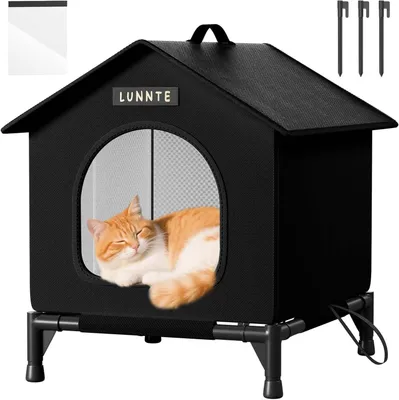 Produktbild von Outdoor Katzenhaus, Robustes 4-Jahreszeiten Katzenhäuschen mit erhöhtem Stand, Wetterfestes Tierheim mit Türvorhang für Katzen & Kleine Hunde, Streuner (34x40x47cm, Schwarz)