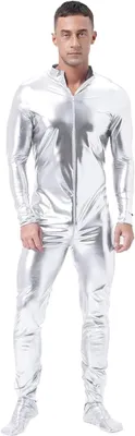 Productafbeelding van Metalen Bodysuit Heren - Glanzende Jumpsuit - Carnaval Kostuum - Met Rits - Tot 3XL - Zilver