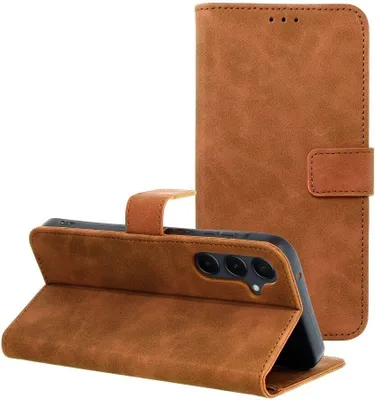 A brown leather flip case for a smartphone is shown open, with the phone inside.