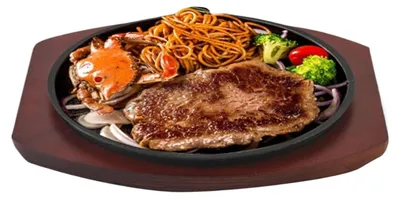 Produktbild von Gusseisen-Steakplatte mit Holzbasis zum Grillen