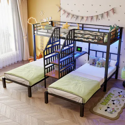 Image de OKWISH Lit Superposé 90x200 cm - Lit Familial pour 3 Personnes avec Bureau Intégré et Escalier de Rangement - LED et Ports USB - Métal + MDF - Noir