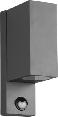 A gray outdoor wall light with a motion sensor.