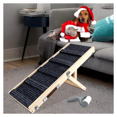 Produktbild von Haustierrampe aus Holz, klappbar, tragbar, 4 Stufen, verstellbar, 22,9 cm bis 43,9 cm, mit rutschfester 5-Pfoten-Traktionsmatte für kleine und mittelgroße Hunde