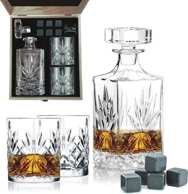 Produktbild von Famanu Whisky Dekanter Set mit Gläsern - 750 ml Karaffe, 2 Gläser und Whiskystein
