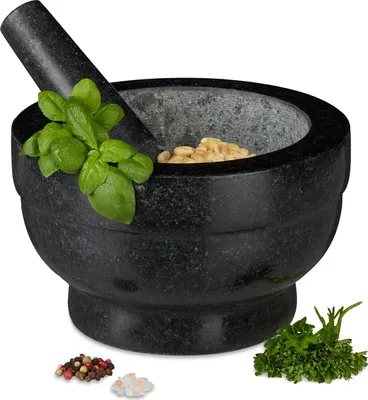 Productafbeelding van Morter en vijzel - Duurzame granieten mortel - Voor kruiden en specerijen - Gepolijst - 56 kg - Ø 20 cm - 1 liter - Zwart