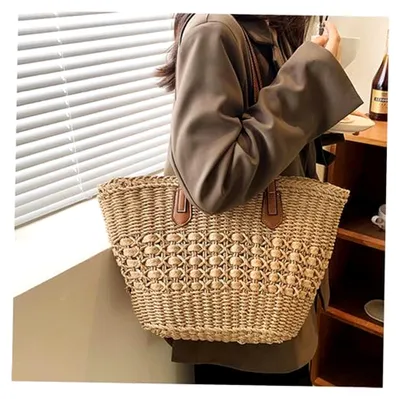Produktbild von Stroh-Einkaufstasche, große Kapazität, Stroh-Strandtasche, Reißverschluss-Handtasche, gewebte Schultertasche für Sommer, Strand, Arbeit, Einkaufen, Reisetasche für Frauen, Stra