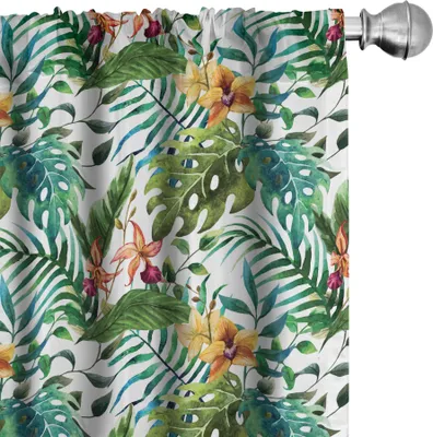 Image de ABAKUHAUS Rideaux à feuilles, voilages, vintage rétro années 60, motif bananiers, palmiers, fleurs d'hibiscus, 2 pièces 75 x 225 cm, caramel pâle, bordeaux