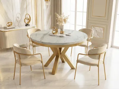 Produktbild von Runder Ausziehbarer Esstisch im Loft-Stil - Industrieller Tisch in Weißer Marmoroptik mit Goldenen Metallbeinen - Platzsparender Tisch für Wohnzimmer - Marmor Weiß - 100 bis 180 cm