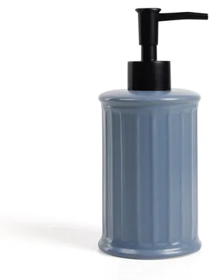 Image de Distributeur de savon en céramique, 350 ml, motif rayé, bleu, pour cuisine et salle de bain