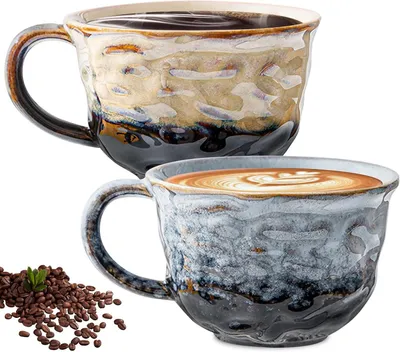 Obrázek produktu pro Ručně vyrobené porcelánové kávové hrnky, sada 2 kusů, s objemem 260 ml a dřevěnou rukojetí, na espresso a čaj.