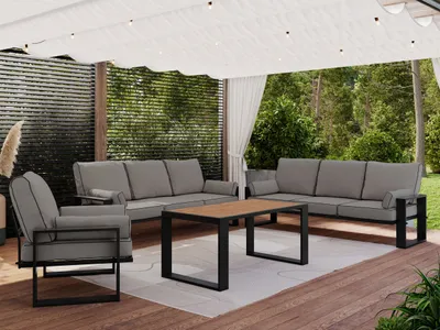 Produktbild von MKS MEBLE Terrassenmöbel Set, Gartenlounge Set für 7 Personen mit zwei Sofas, Sessel und Tisch, Gartenmöbel auf Metallbeinen, Sitzgruppe Garten - ELBA 3 - grau