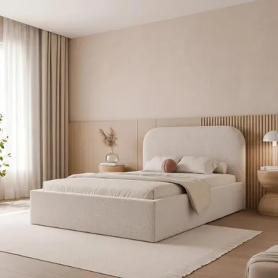 Produktbild von Polsterbett FUZZI 120x200 Kaltbeige Boucle mit Bettkasten & Lattenrost