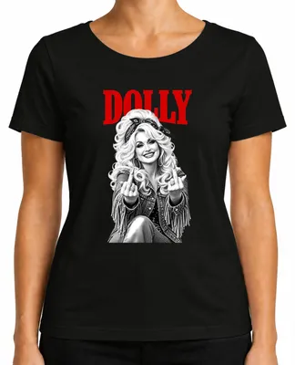 Productafbeelding van Dolly Parton, countrymuziek, middelvinger, rockabilly, retro, zangeres, dames T-shirt, zwart, maat S