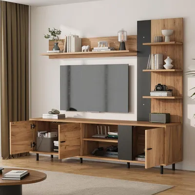 Produktbild von TV-Wohnwand 3-teilig, Mediawand mit TV-Lowboard, Vitrine & Regal, Wohnzimmermöbel-Set mit offenen Regalböden, für TV bis 80 Zoll, Holzfarbe/Schwarz