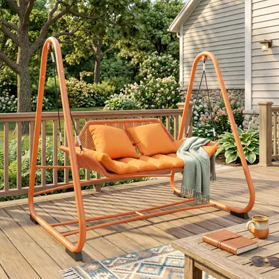 Produktbild von SUGIFT Gartenschaukel Schaukelbank, Hollywoodschaukel 2 Sitzer mit Seilgeflecht-Rückenlehne, Metall Polyester, Terrakotta  |  bis 200 kg  |  174 x 120 x 162 cm
