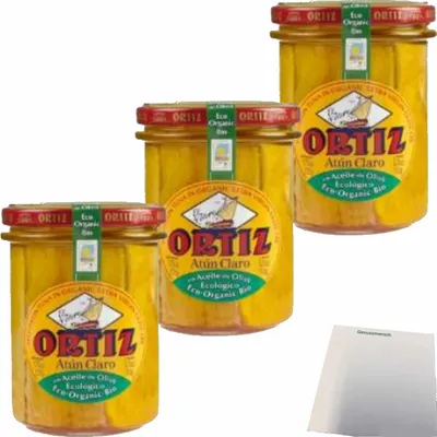 Produktbild von Conservas Ortiz Atun Claro Heller Thunfisch in Olivenöl 3er Pack (3x220g Glas) + usy Block
