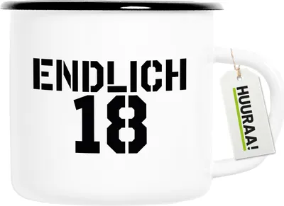 Produktbild von Huuraa Emaille Tasse Endlich 18 Schriftzug 300ml Vintage Campingbecher Geschenkidee