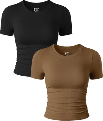 Imagen del producto de Conjunto de dos piezas para mujer: crop top y pantalones cortos, manga corta, con fruncido, cómodo, en colores , marrón y café