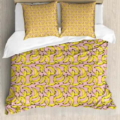 Produktbild von ABAKUHAUS Banane Bettbezug Set, Exotische Themed Fun Pop-Muster mit Obst Sommer Artsy Wiederholung, 200 x 200 cm + 80 x 80 cm, Rose Senf