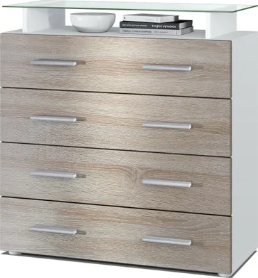 Produktbild von Vladon Sideboard Pavos V2, Kommode mit 4 Schubladen und Glasablage, Weiß matt/Eiche sägerau (76 x 81 x 35 cm)