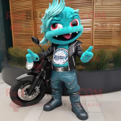 Zdjęcie produktu dla Turkusowa REDBROKOLY postać w kostiumie maskotki syreny ubrana w kurtkę motocyklową i poszetki