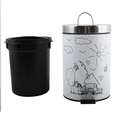 A black inner bin is shown next to a white pedal bin with a child-like drawing on it.