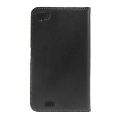 A black flip-style phone case is shown against a white background.