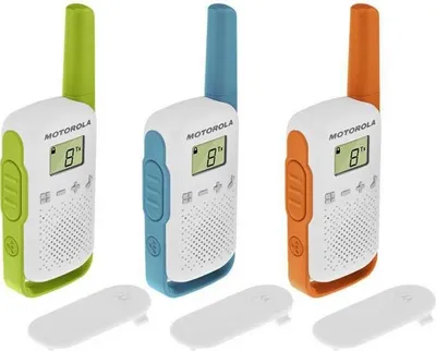 Image de Talkie-walkie Motorola T42 Multicouleur, 3 pcs, 4 km, 16 Chaînes, Rechargeable, Bleu Vert Orange