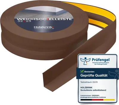 Produktbild von HOLZBRINK Weichsockelleiste selbstklebend PVC 32x23mm, 15 m | Küchenleiste Arbeitsplatte | Abschlussleiste selbstklebend für Badezimmer | Farbe: Schokolade
